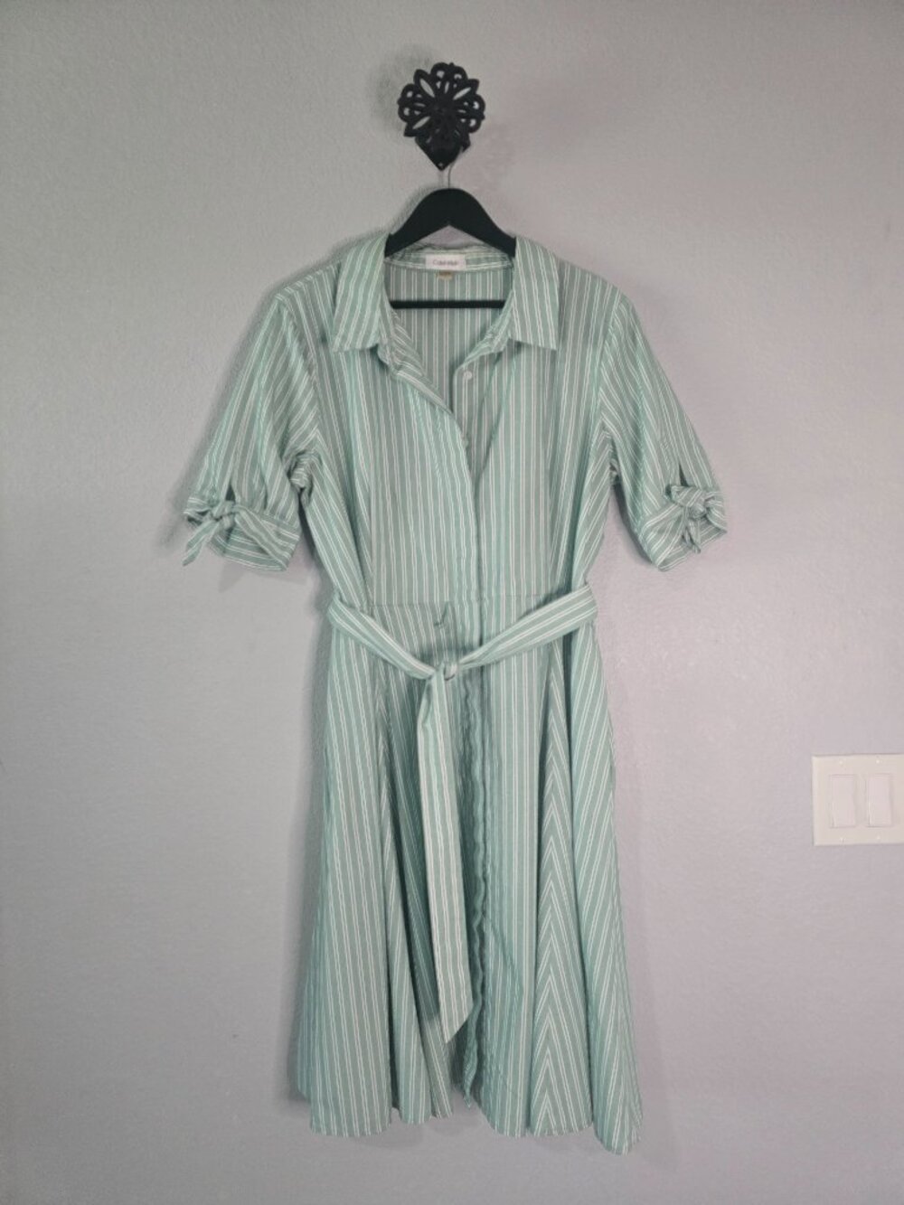 Calvin Klein Mint Striped Cotton Belted Shirtdress Size Medium